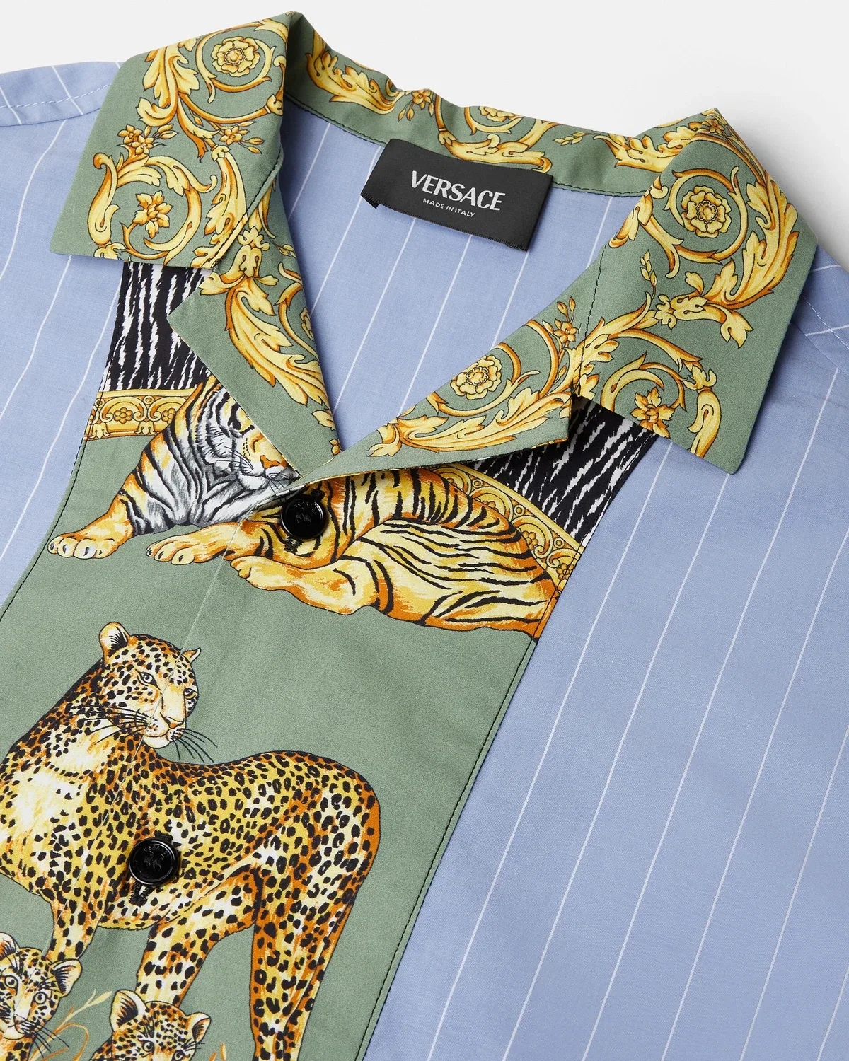Детская рубашка из хлопкового поплина с принтом и полосками VERSACE, голубой — фото 4