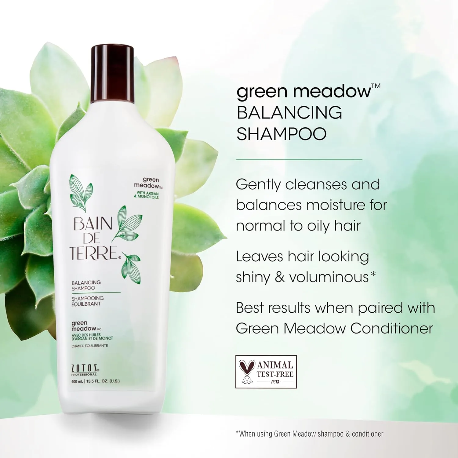 Шампунь Bain de Terre Green Meadow Balancing Shampoo: мягкое очищение для мягких и шелковистых волос с аргановым маслом и маслом монои, без парабенов, подходит для окрашенных волос. 399 мл (.), Green — фото 3