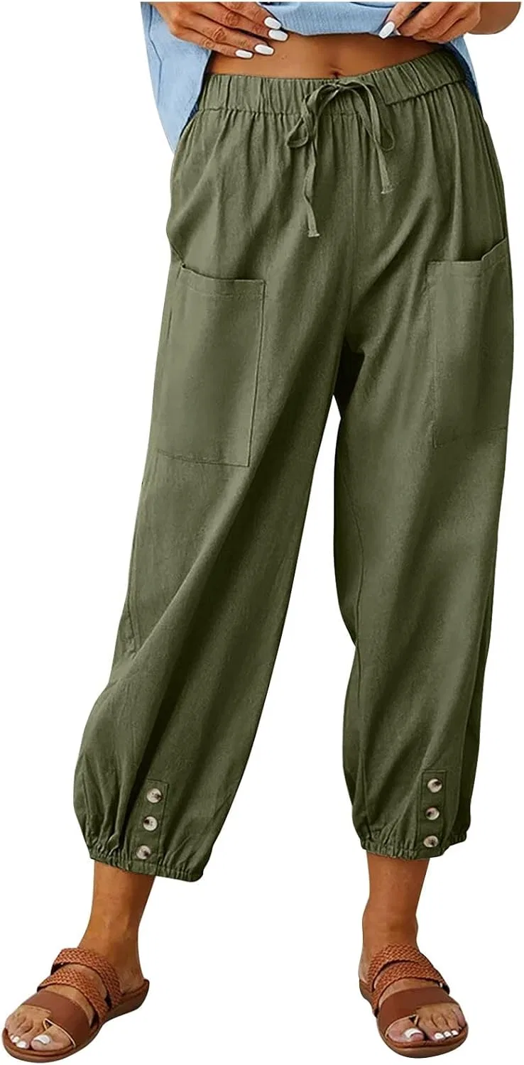 Женские широкие брюки с карманами, Cotton Linen, Army Green