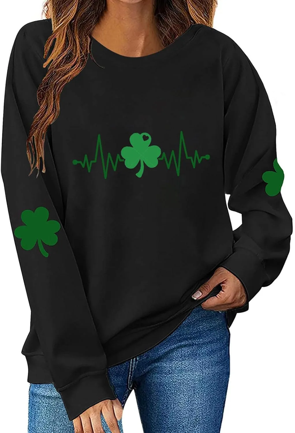 

Свитшот Mzkdieey St Patricks Day с принтом в виде сердечного ритма и клевера