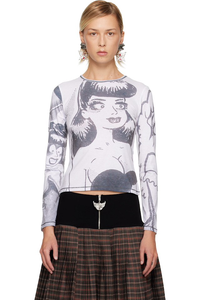 

Chopova Lowena Белая и серая приталенная футболка из газетной ткани, Белый, Chopova Lowena Белая и серая приталенная футболка из газетной ткани