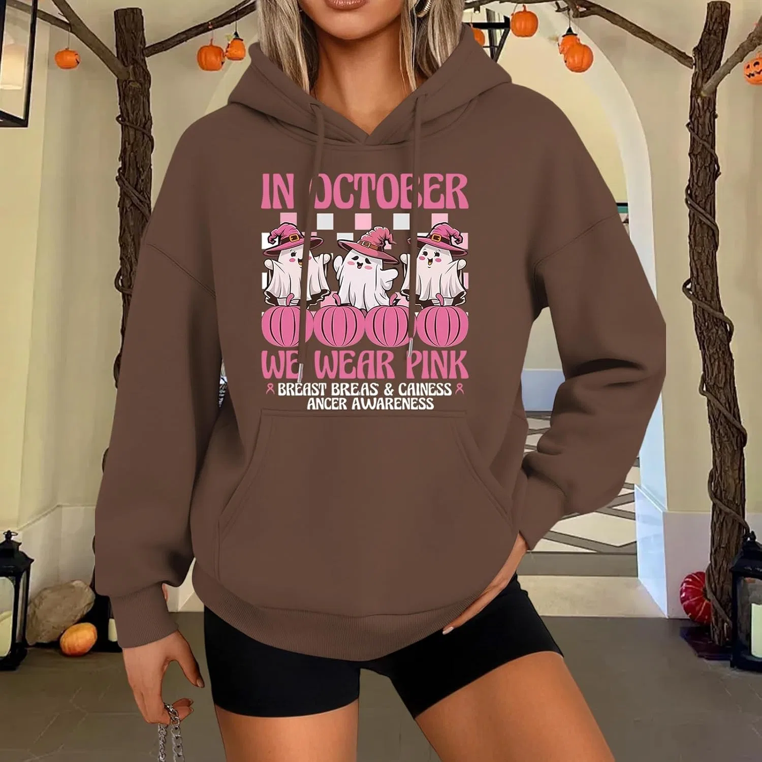 Худи женское с принтом Ghost Pumpkin Awareness Ribbon, Halloween, Coffee — фото 3