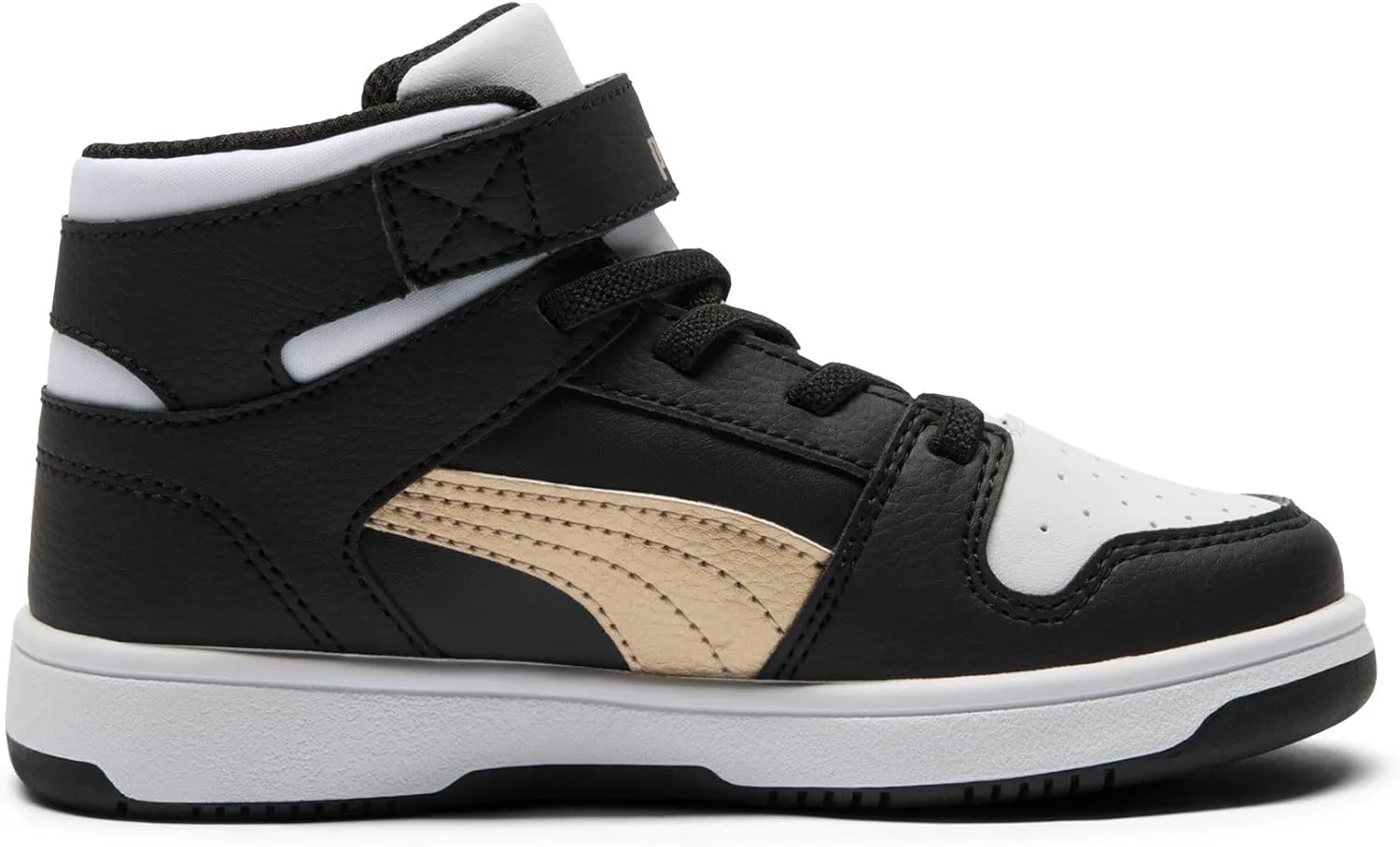 Кроссовки PUMA для детей Rebound Layup Mid на липучках, черный/золотой/белый — фото 2