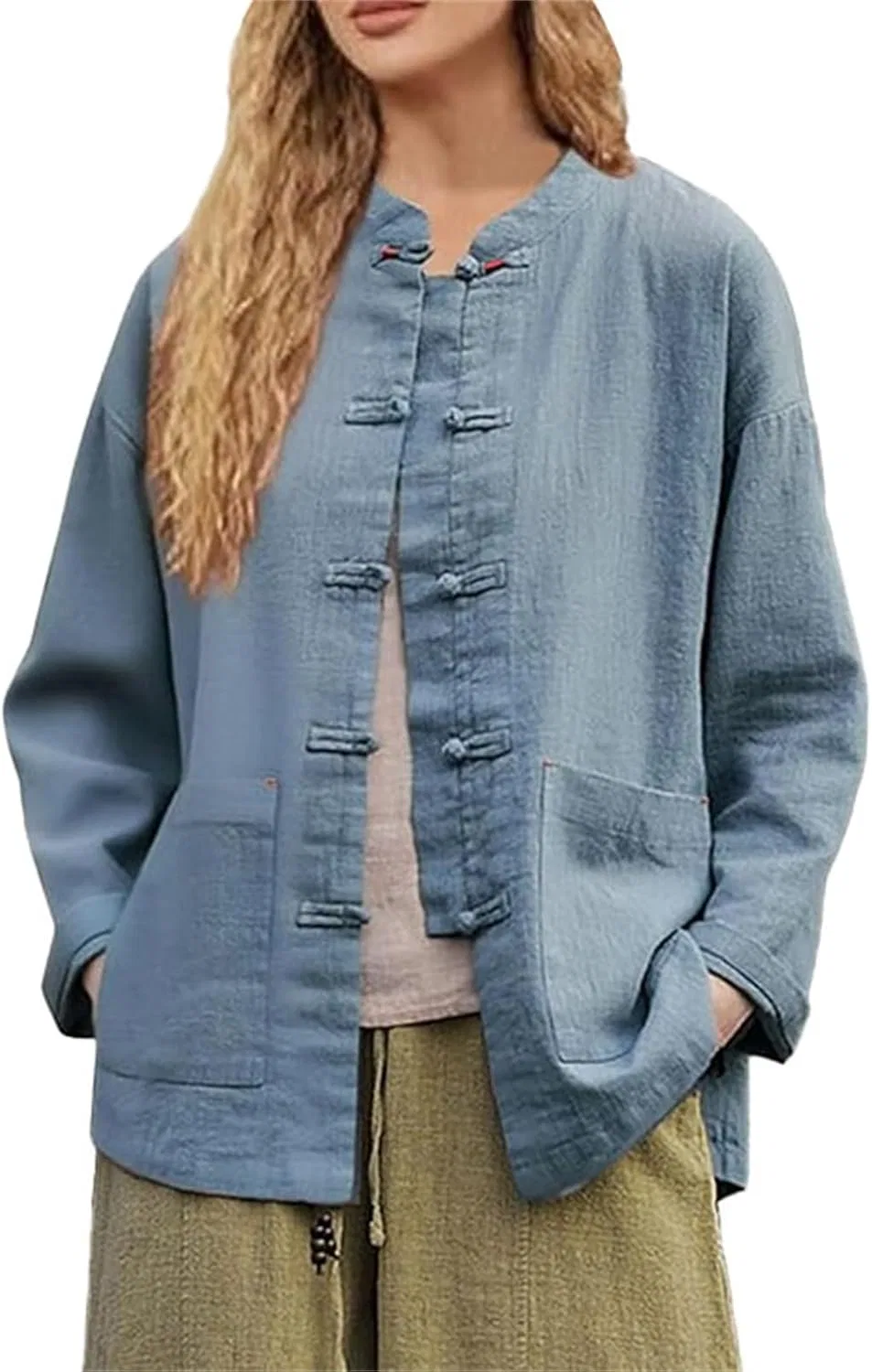 Блуза с мандариновым воротником и застежкой-петлей, длинный рукав, Casual Jacket, темно-синий