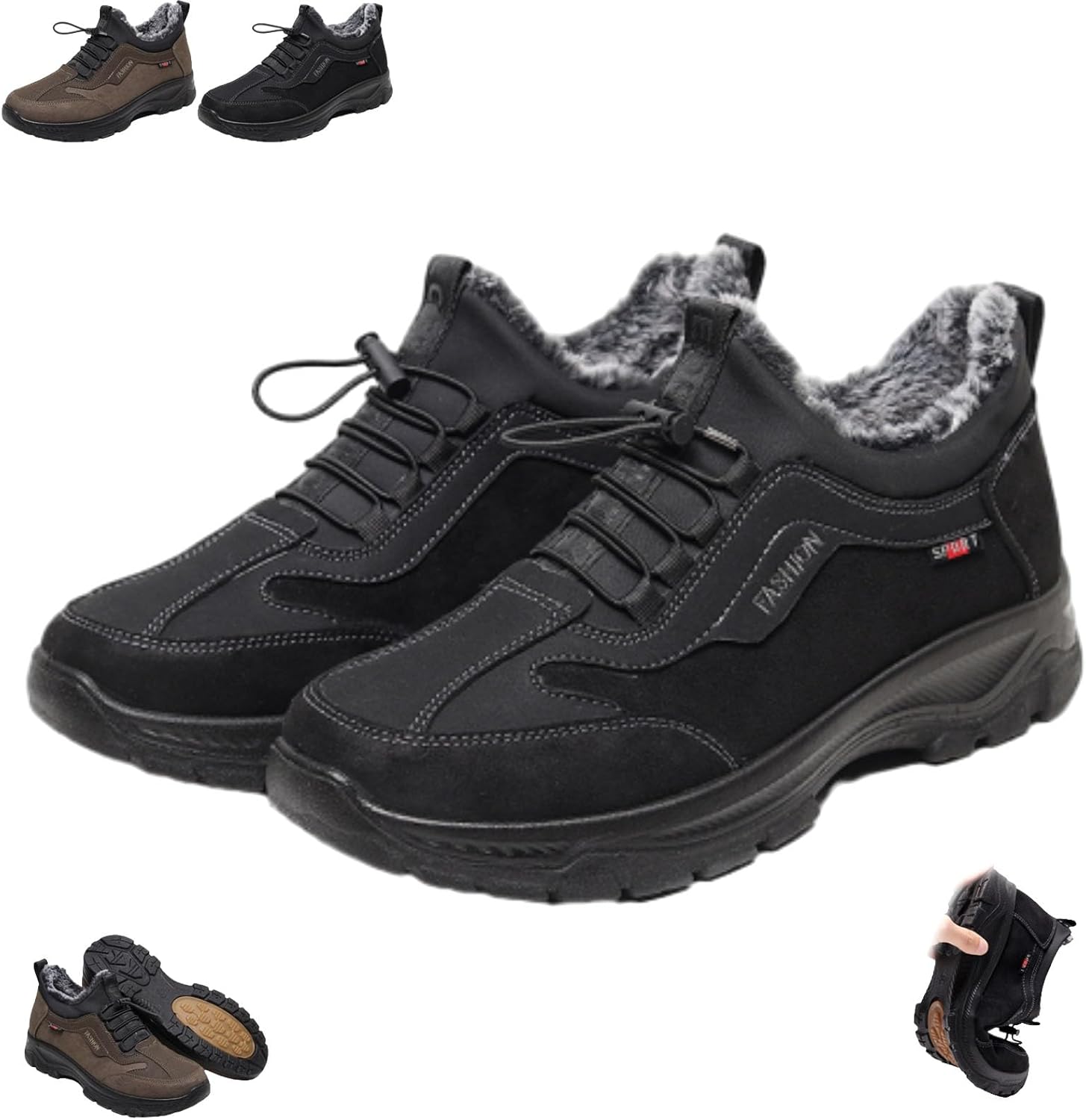 

Мужские водонепроницаемые теплые зимние сапоги с меховой подкладкой для походов по снегу, зимние ортопедические сапоги без застежек для мужчин, удобные с эластичной шнуровкой, противоскользящие походные ботинки Noworfewer, черный