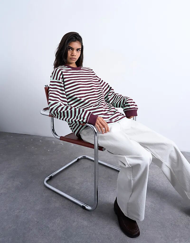 

Лонгслив Topshop в полоску с длинными рукавами и свободным кроем в мятно-бордовом цвете