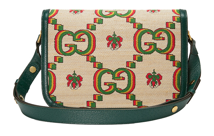 GUCCI Horsebit 1955 Jacquard с кожаной седельной сумкой, плечевая сумка, кросс-боди маленькая унисекс бежевый/зеленый — фото 4