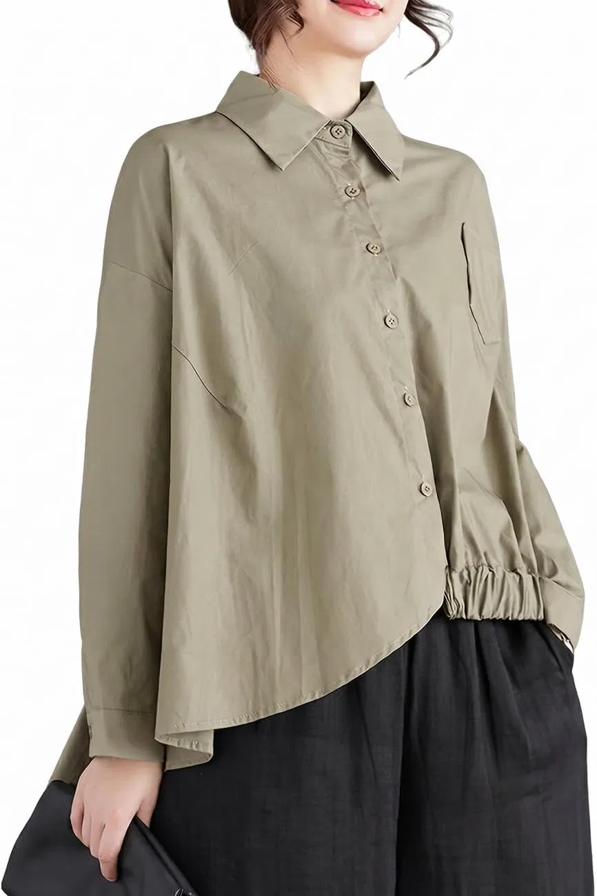 Блуза асимметричная, свободная, длинный рукав, с воротником, Khaki