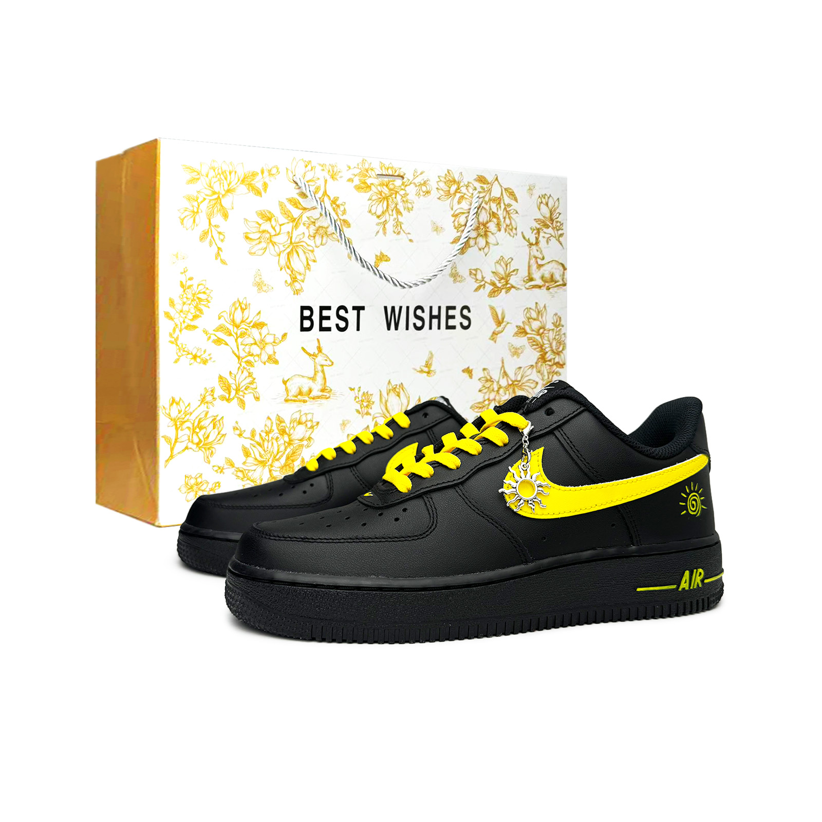 

Nike Кроссовки Air Force 1 Radiant Radiance из синтетической кожи, удлиняющие кеды для скейтбординга, низкие, унисекс, черный с желтыми вставками