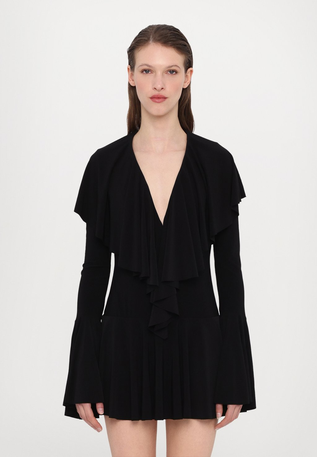 

Платье из джерси LONG SLEEVE DEEP V RUFFLE MINI DRESS Norma Kamali, черный