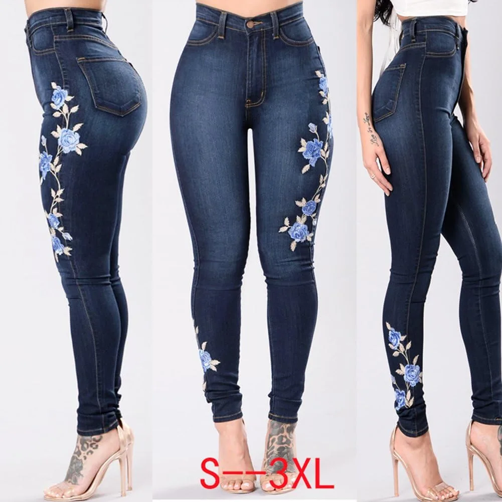 Женские джинсы High Waist Slim Fit с цветочной вышивкой — фото 2