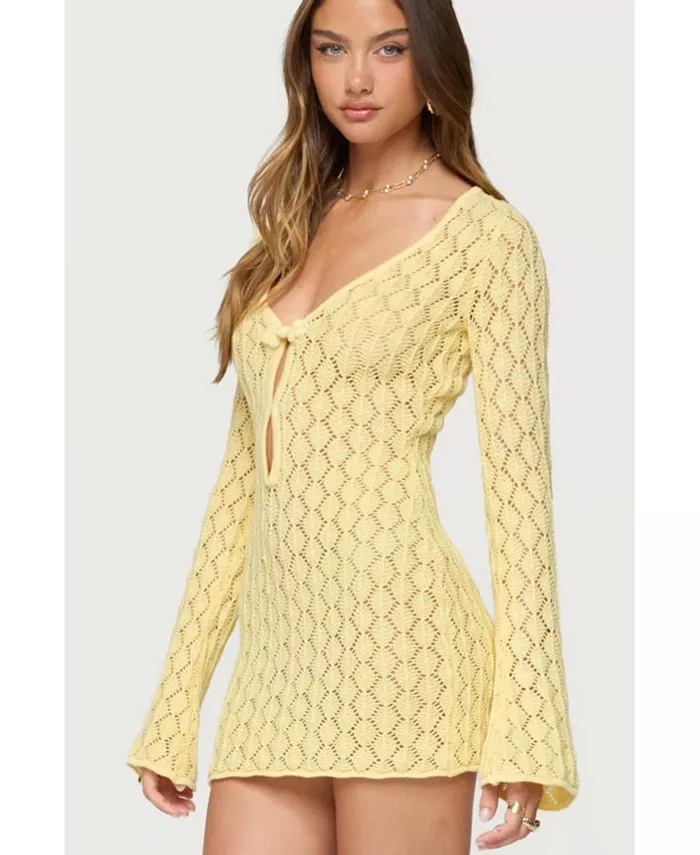 

Женское мини-платье с вырезом из бри, связанное крючком Edikted, желтый