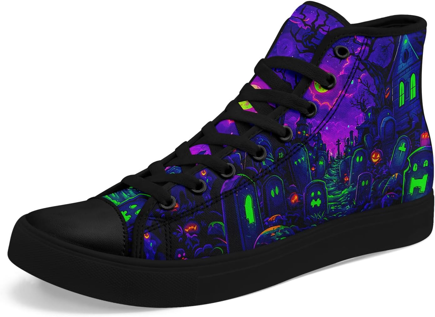 

Кеды на высокой подошве из холста для мужчин и женщин на Хэллоуин, с рисунками тыквы, призрака и черепа, дышащие, на плоской подошве, для повседневной ходьбы Awsole, черный/зеленый/фиолетовый