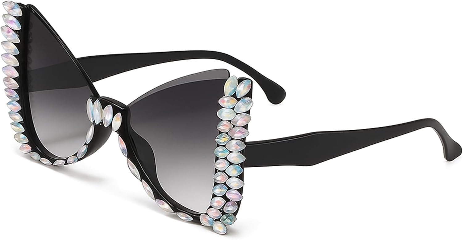 

bullabulling Модные солнцезащитные очки с бриллиантами и бабочками для женщин. Стильные очки в форме бабочки с кристаллами и стразами. Защита от ультрафиолета UV400, Black