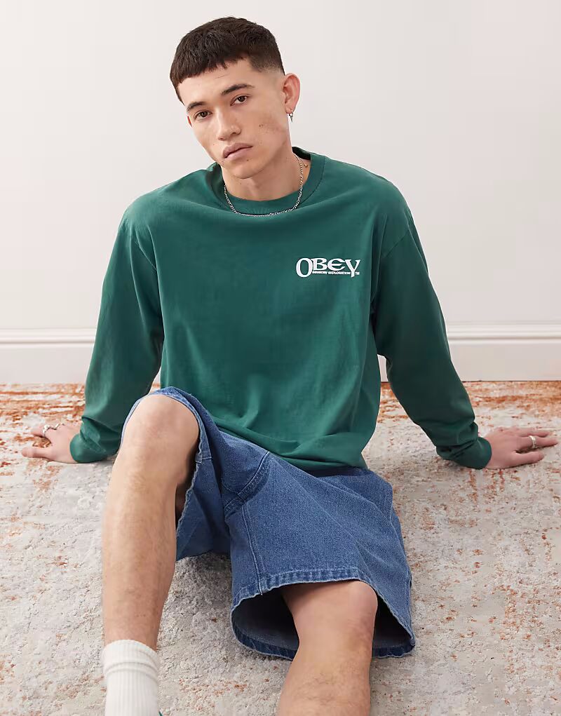

Футболка Obey с длинными рукавами и графическим логотипом для сенсорных исследований с принтом на спине в пигментном темно-зеленом цвете
