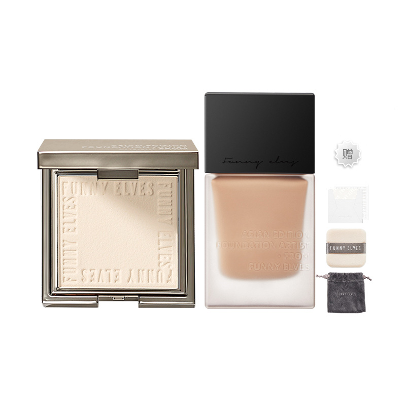 

Тональная основа пудра для комбинированной кожи набор макияжа контроль жирного блеска стойкий выравнивающий тон 7г+25мл FUNNY ELVES