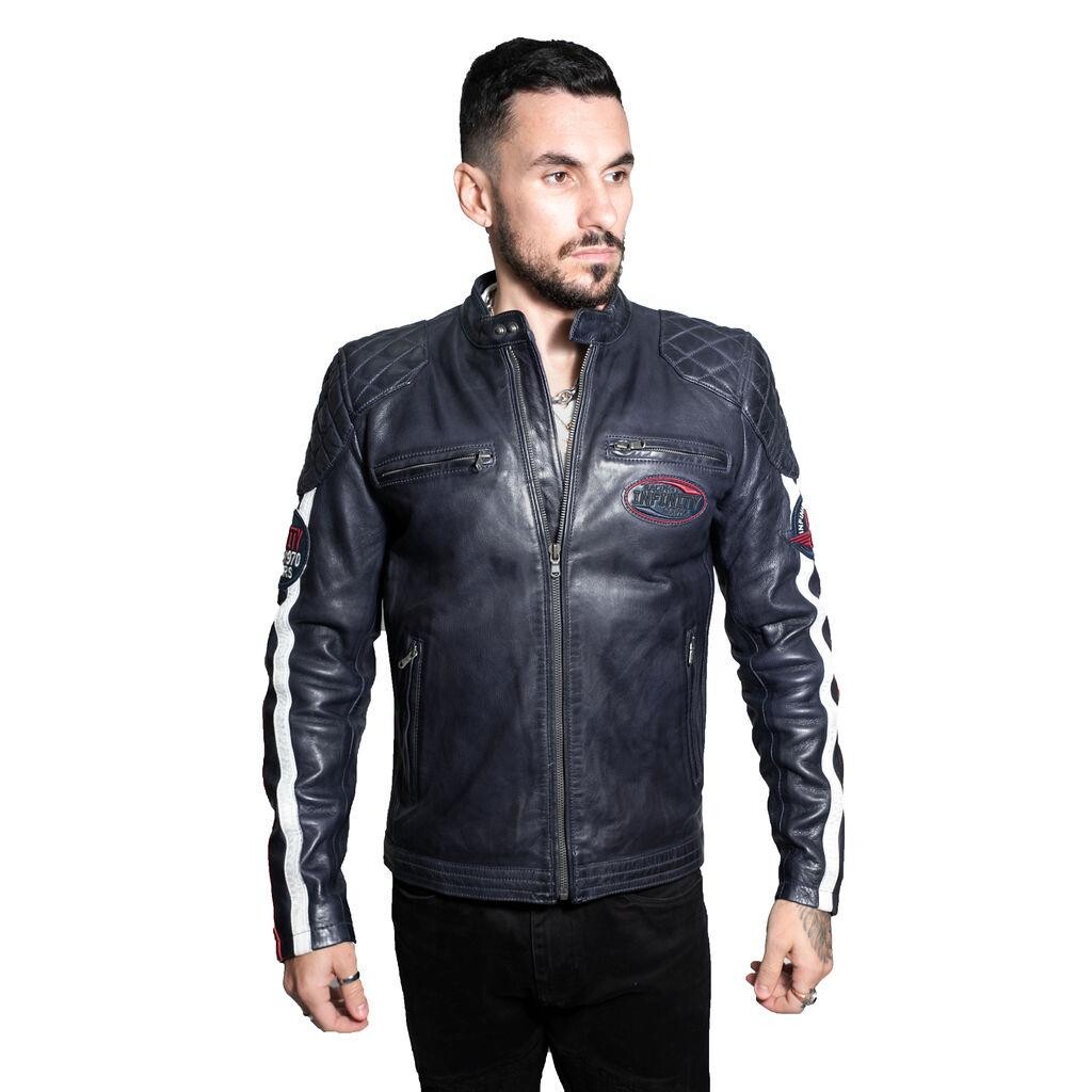 

Классическая гоночная кожаная куртка в полоску для барселоны Infinity Leather, синий