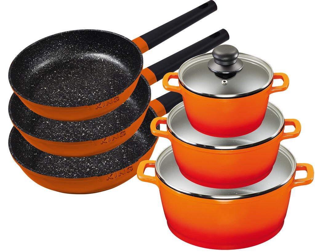 

6 штук Набор KING Advantage ОРАНЖЕВЫЙ: 3 шт. Набор кастрюль из литого алюминия оранжевого цвета, 3 кастрюли Ø16, Ø20, Ø24см + 3 сковороды Ø20см, Ø24см, Ø28см KING SHINE ORANGE
