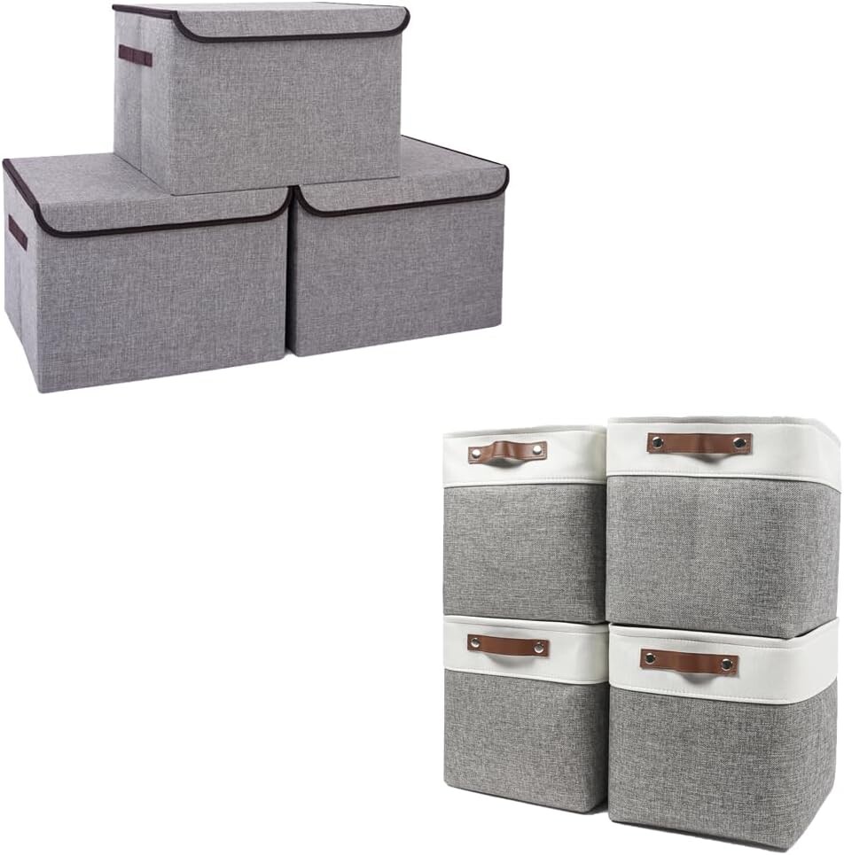 

Тканевый ящик для хранения с крышками 16,7 x 12 x 12 [3 упаковки] + корзина для хранения белья 13 x 13 x 13 [4 упаковки] (белый и серый) Bagnizer