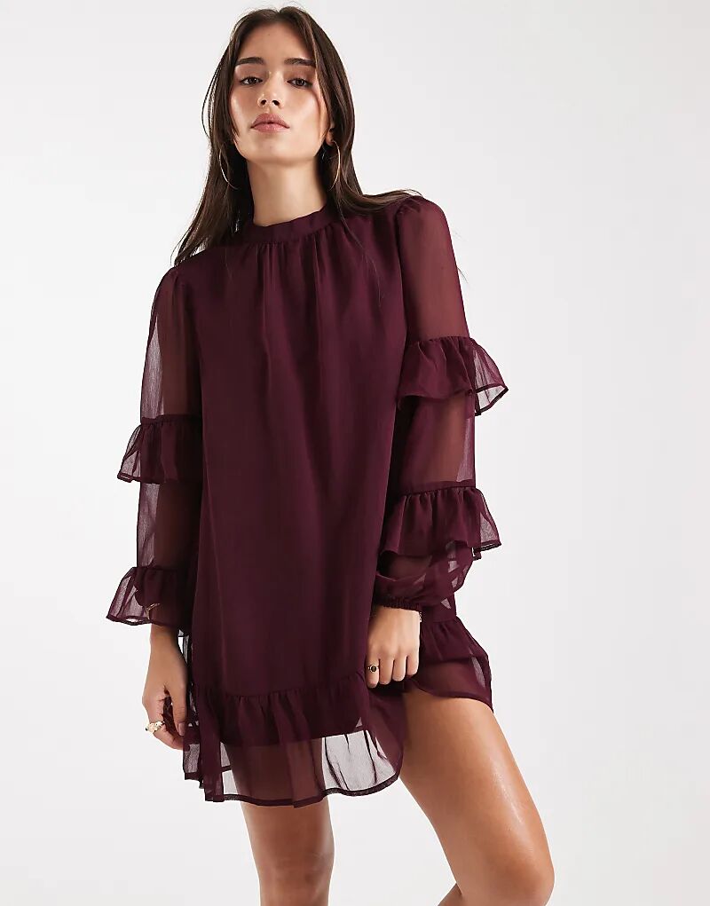 

Мини-платье Wednesday's Girl с длинными рукавами, высоким воротом и оборками в бордовом цвете