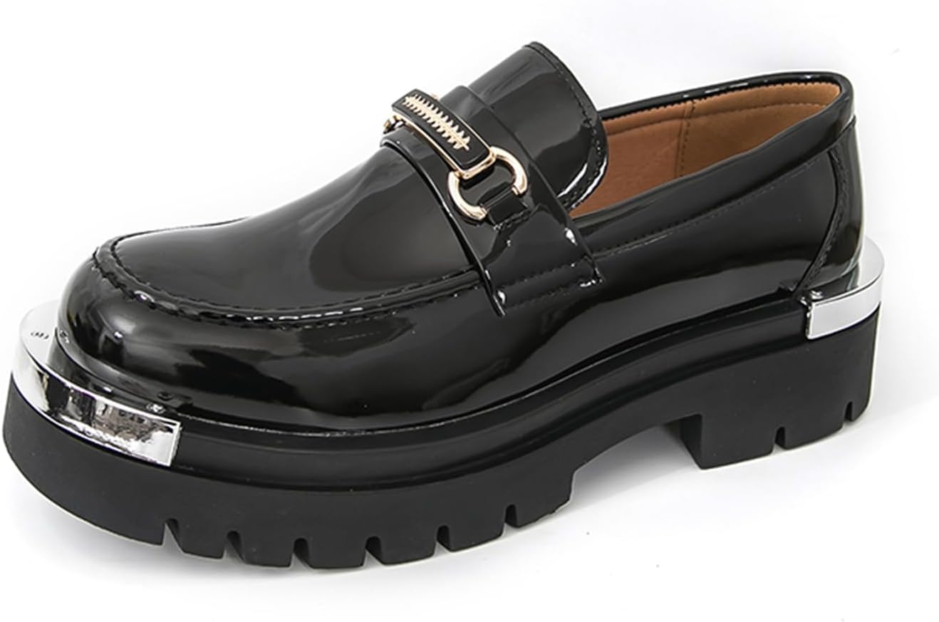 

Мужские лаковые туфли слипоны на платформе с декоративной металлической деталью, круглым носком, противоскользящей подошвой, для работы, повседневной носки и официальных мероприятий Qklmwes, черный