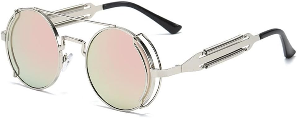 

LVTFCO Модные круглые солнцезащитные очки в стиле стимпанк для мужчин, ретро-очки с металлическим двойным пружинным креплением, уникальные солнцезащитные очки для женщин, Pink Mirror