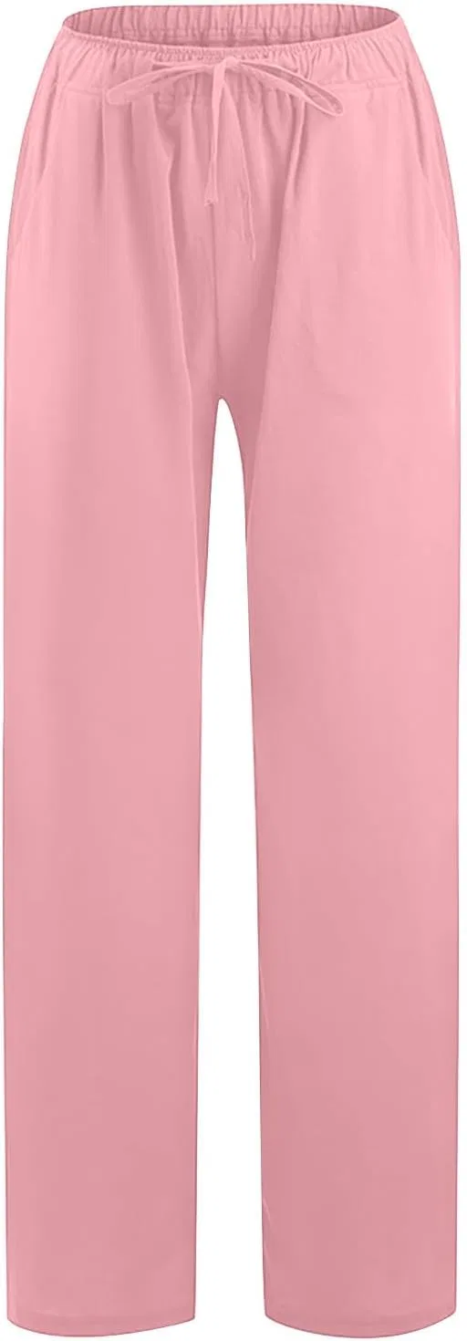 Женские широкие брюки из хлопка и льна с завязкой, Pink — фото 4