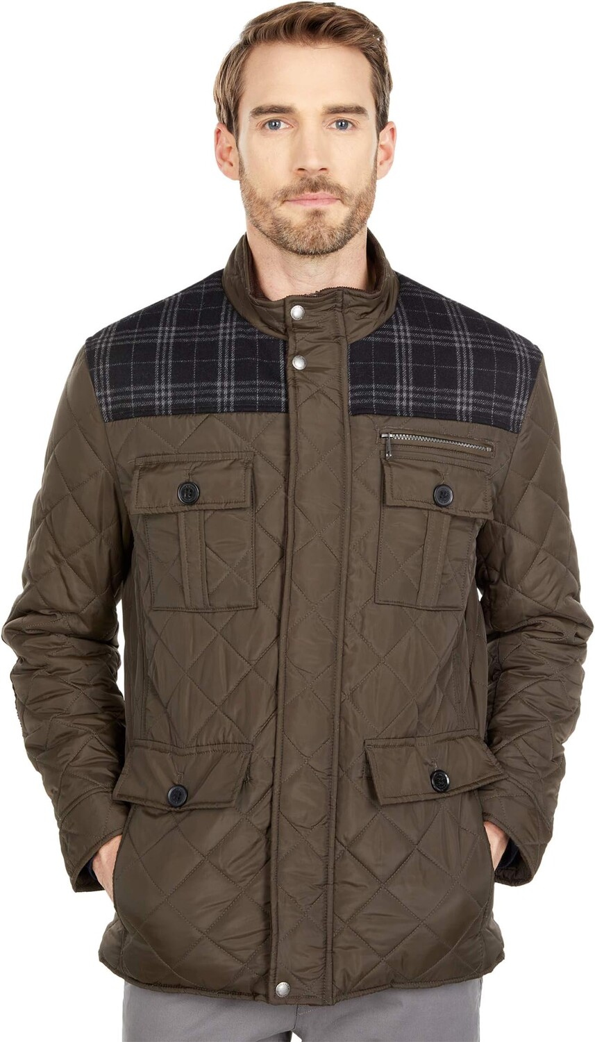 

Куртка Cole Haan 29" Essential Quilt Mixed Media Multi Pocket Jacket, оливковый