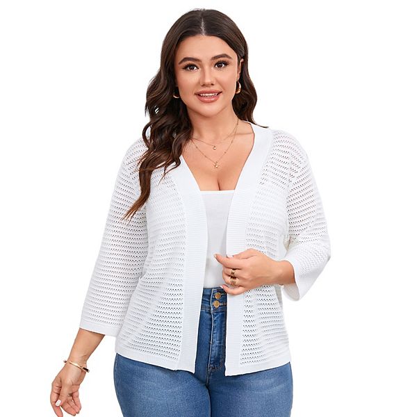 

Кардиган с 3/4 рукавом для женщин Plus size, легкая вязаная кофта с ажуром Seoria, White