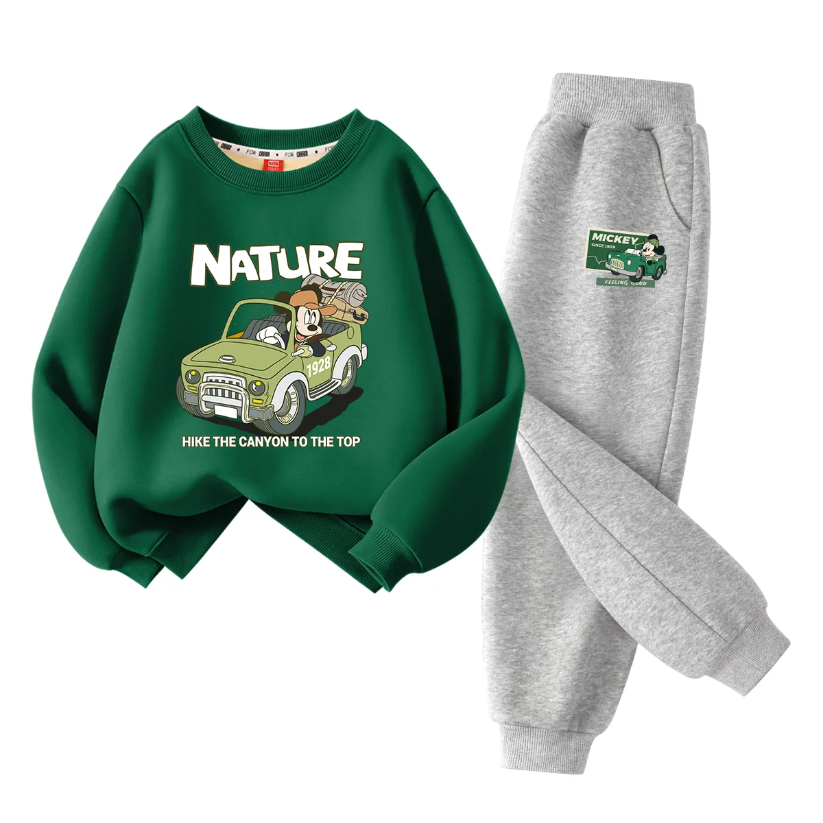 Детский спортивный костюм с круглым вырезом Disney, [Thickened and Fleece-Lined]Di Yuanxing Vintage Green+Di Trail Running Mickey Mouse K Gray