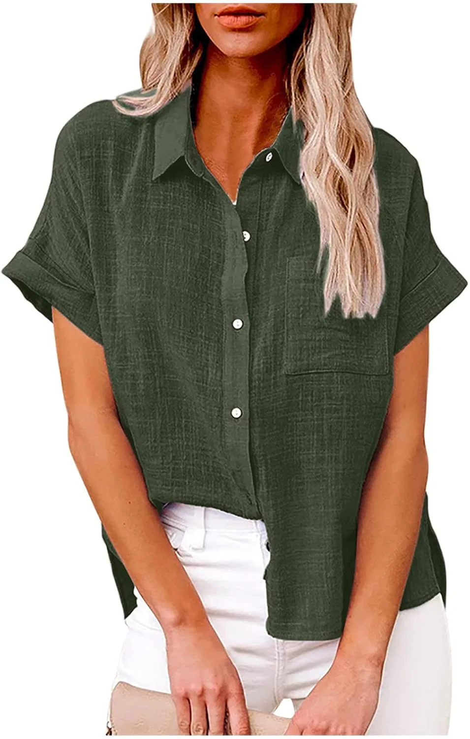 Блуза с коротким рукавом, хлопок лен, свободный крой, Army Green