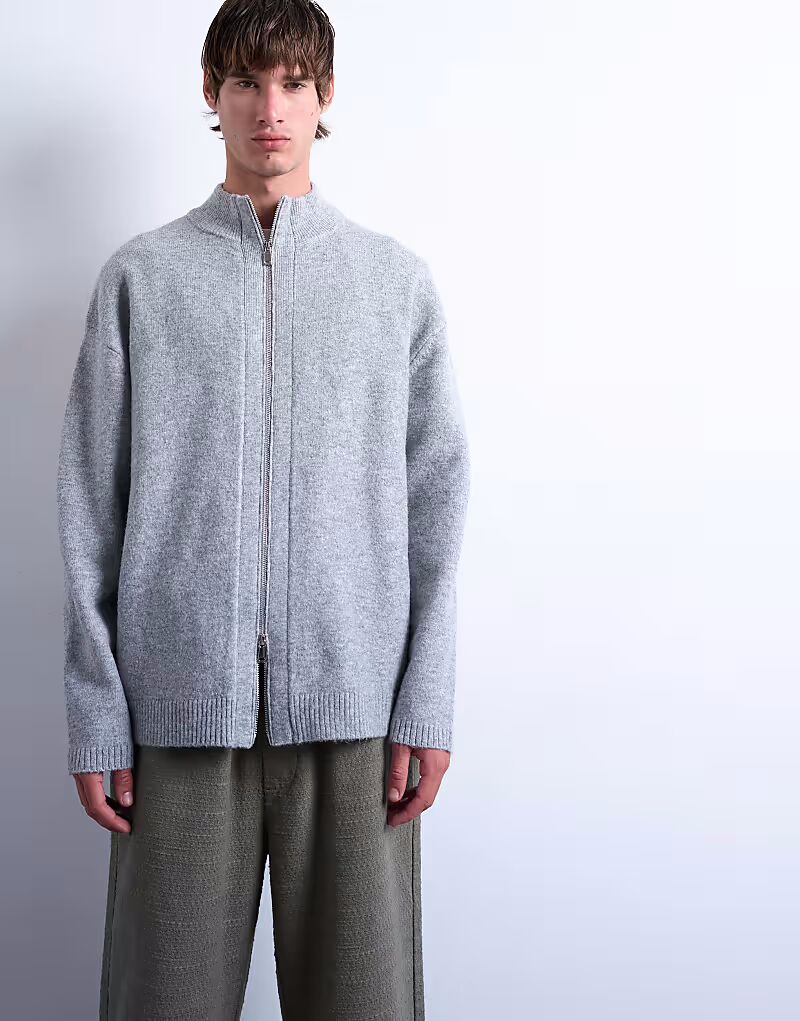 

Кардиган с воротником-стойкой на двойной молнии серого цвета Topman