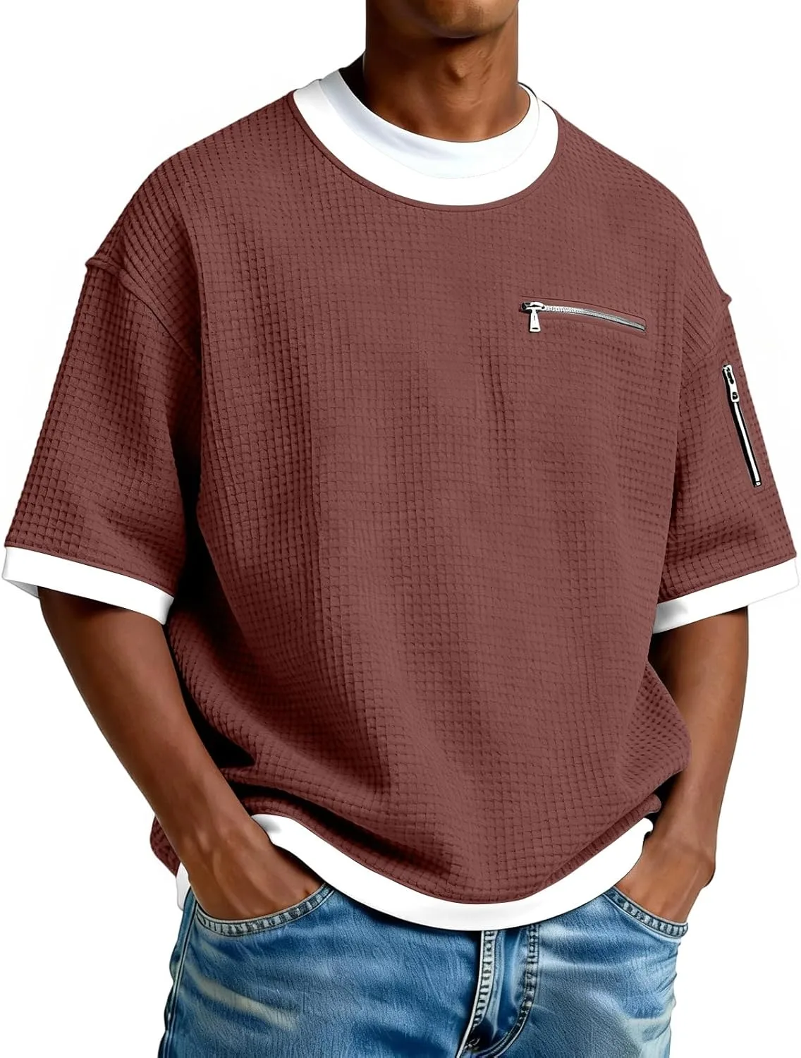 

Мужская футболка с коротким рукавом, Waffle Knit, карманы на молнии
