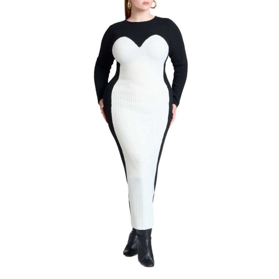 

Женское длинное платье-свитер больших размеров с цветовыми блоками ELOQUII, Black and white