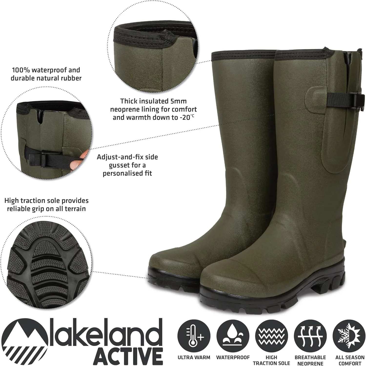 Мужские резиновые сапоги Lakeland Active Helton на неопреновой платформе, зеленый — фото 3