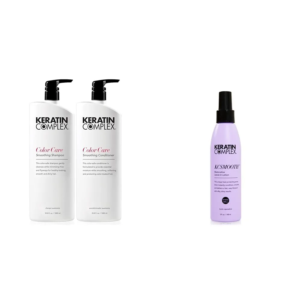 Шампунь и кондиционер Keratin Complex для разглаживания окрашенных волос (33,8 жидких унций каждый) и восстанавливающий несмываемый лосьон для укладки феном KCSMOOTH (5 жидких унций).