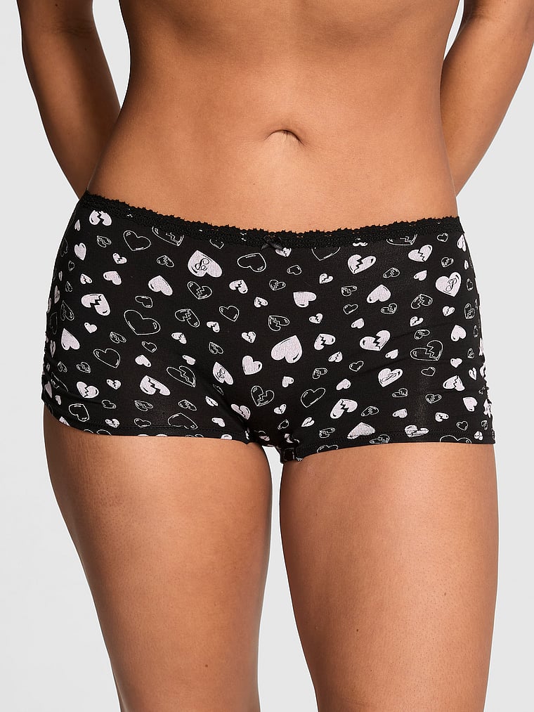 

Хлопковые трусики-шорты для общежития Pink, smooth black broken hearts print