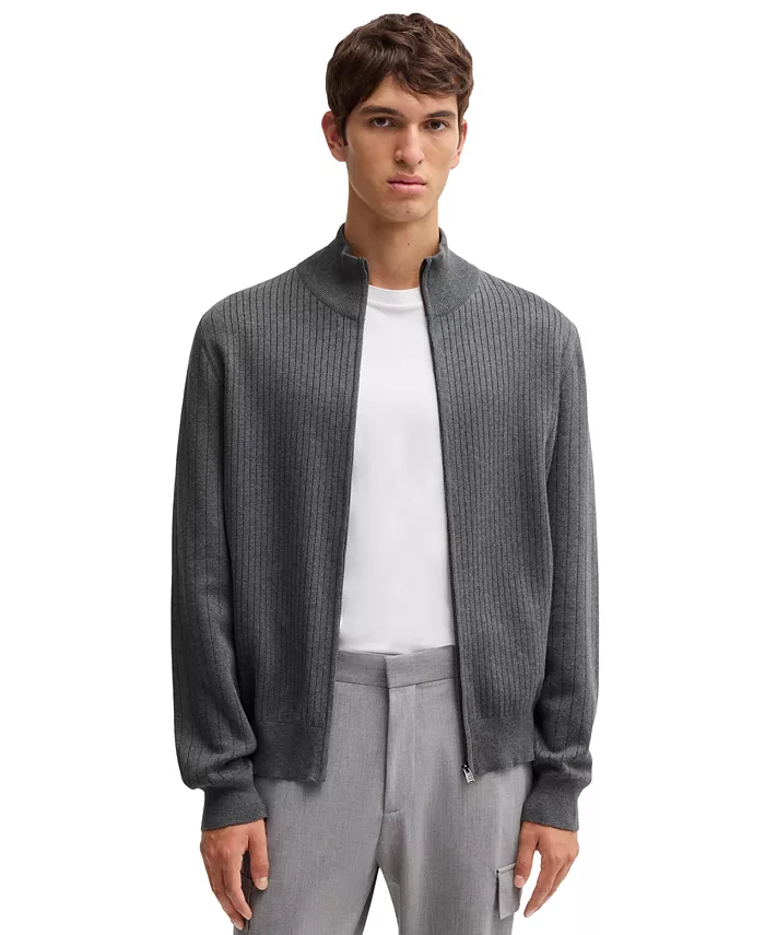 

Мужской вязаный кардиган с полосками на молнии Hugo Boss, серый