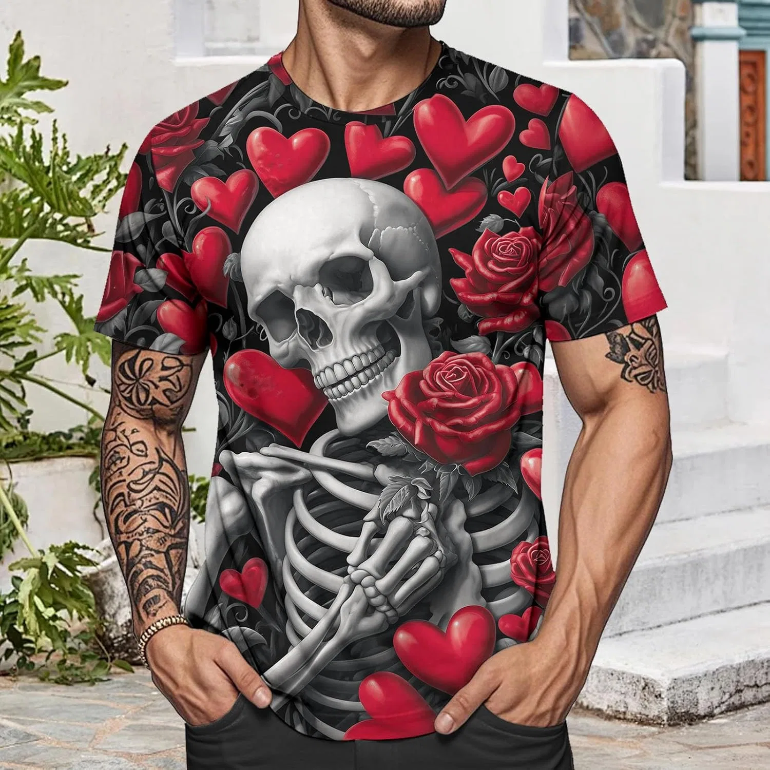 Generic Футболка Valentine's Day для мужчин с принтом череп, сердце и роза, короткий рукав, готический трендовый кэжуал, для праздника, вечеринки или свидания — фото 2
