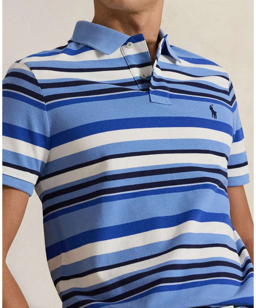 Мужская приталенная полосатая сетчатая рубашка-поло Polo Ralph Lauren, Bristol Blue Multi — фото 3