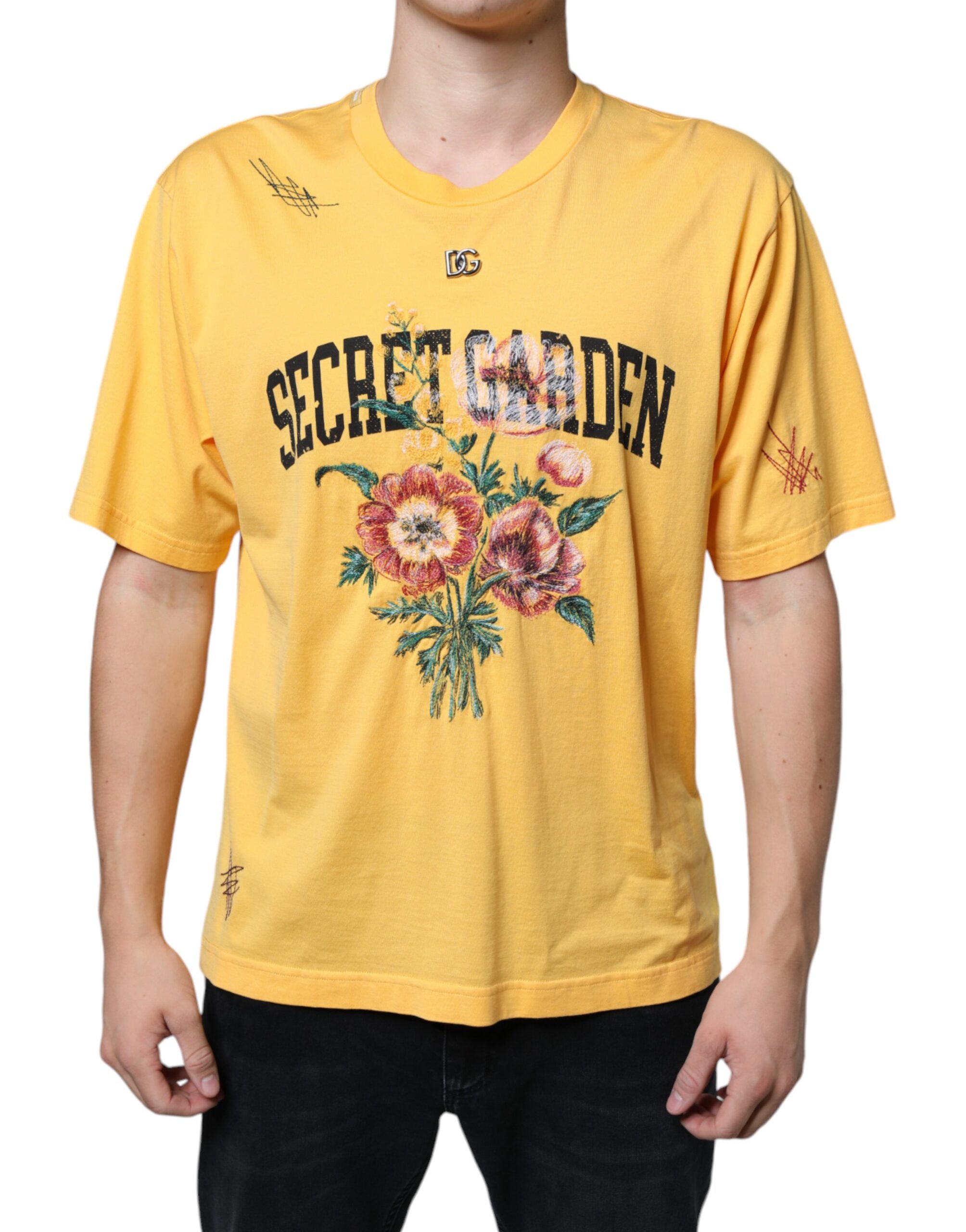 

Футболка с круглым вырезом из хлопка с цветочным принтом Secret Graden Yellow Dolce & Gabbana