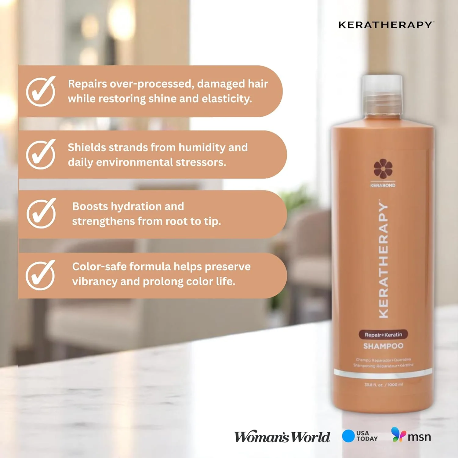 KERATHERAPY Keratin Infused KeratinFIXX Repair Shampoo, 1000 мл - шампунь для восстановления сухих, поврежденных или пушащихся волос с экстрактом икры, аргановым маслом и технологией Kerabond — фото 3