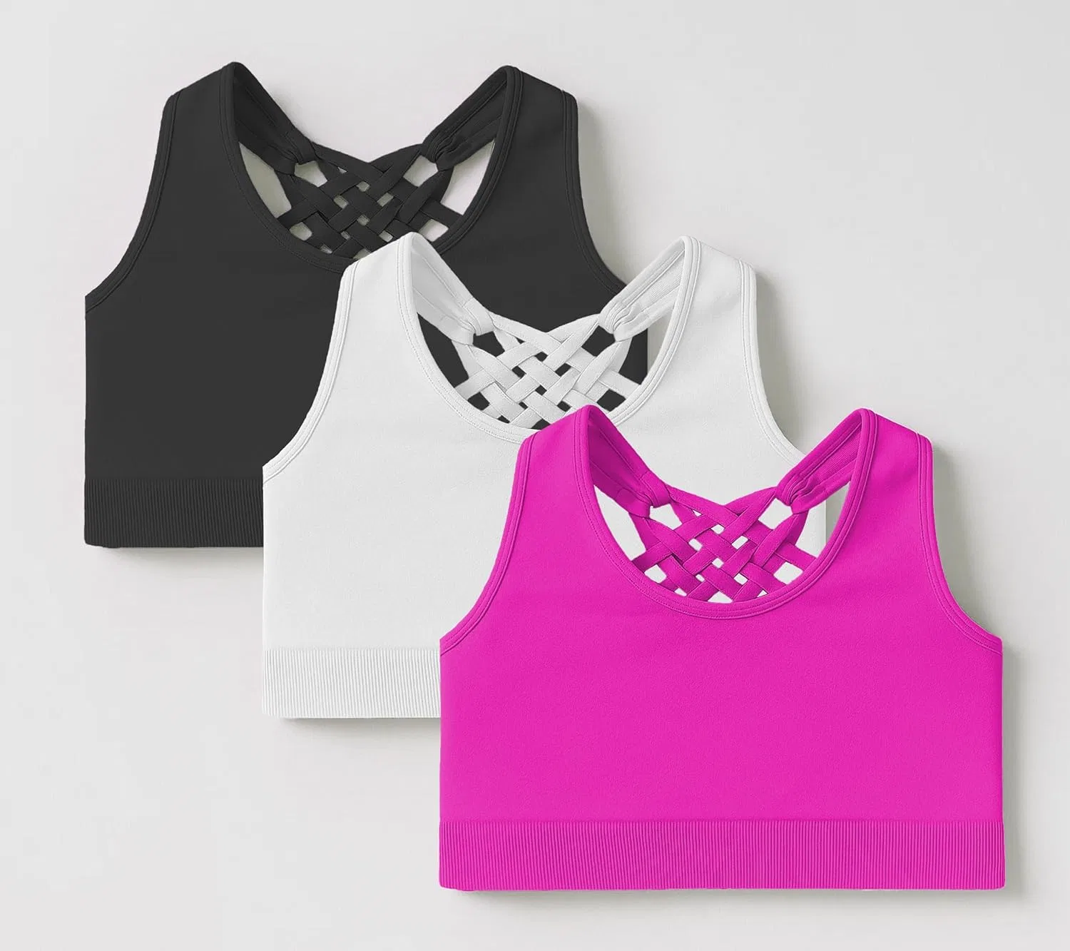Топ-майка Kurve для девочек с открытой спиной, набор из 3 цветов, Black/White/Neon Fuschia Set — фото 2