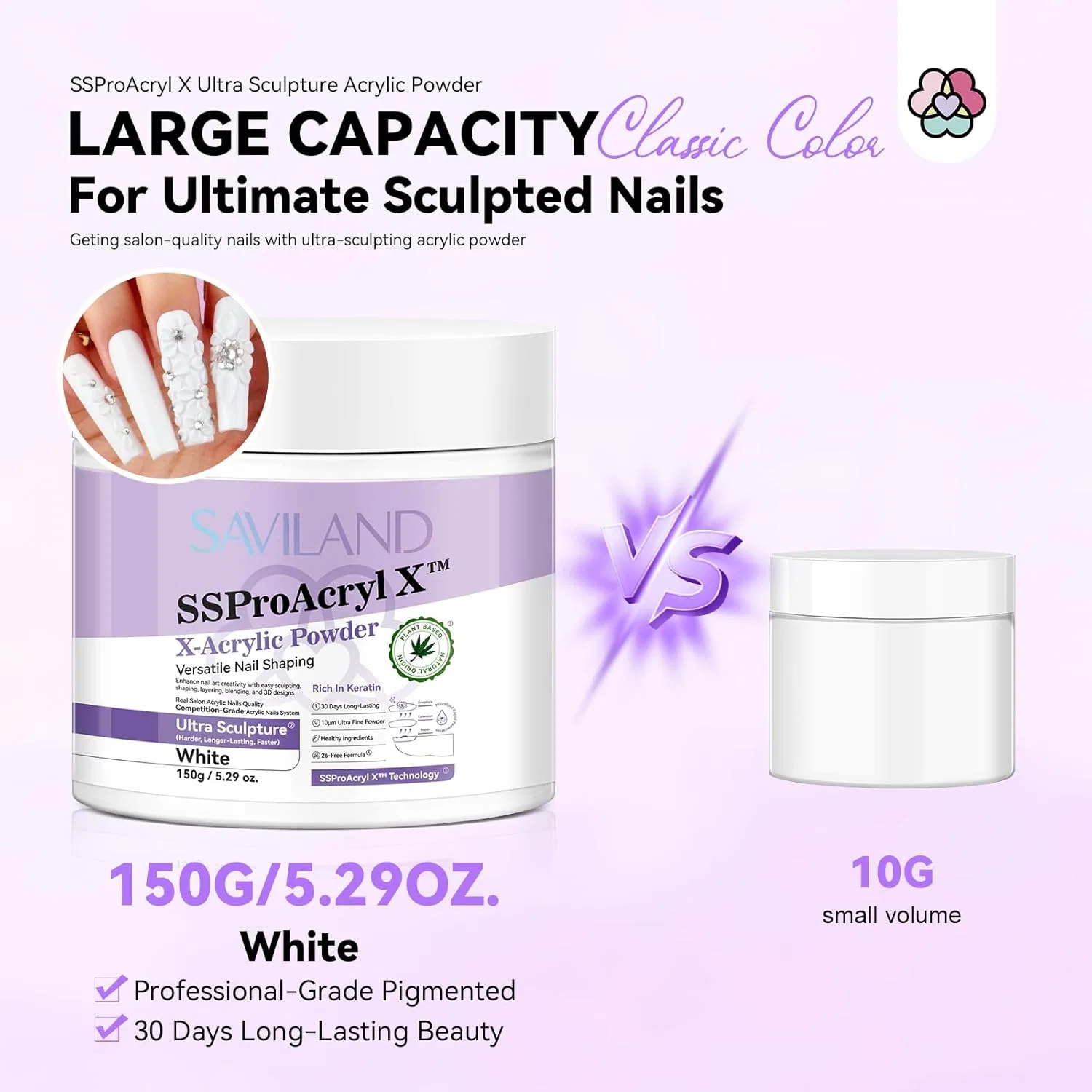 Акриловая пудра Saviland 150 г для наращивания ногтей Saviland, White - 150G/5.29Oz — фото 3