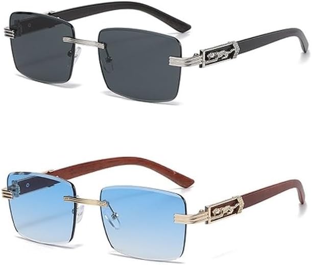 

Декоративные солнцезащитные очки с имитацией древесной текстуры и рисунком гепарда, красочные ретро-очки без оправы квадратной формы с металлическим каркасом и изображением головы леопарда GHVWYX, 2pcs Black Blue