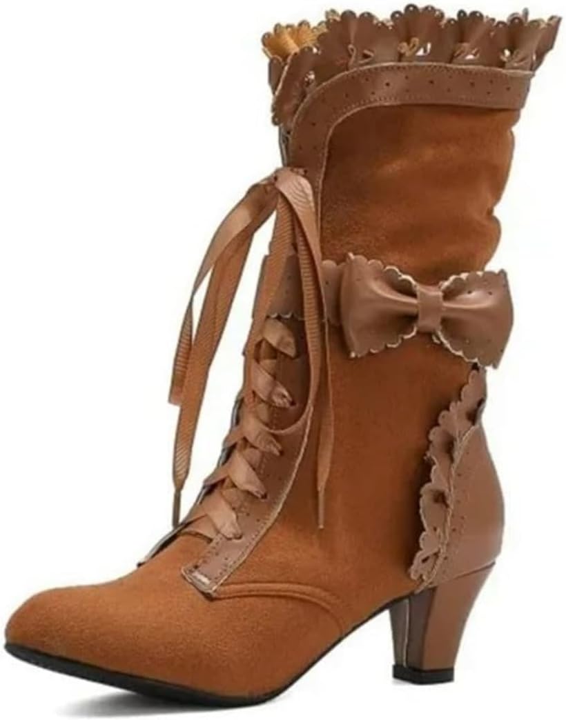 

Викторианские ботинки для женщин с винтажным бантом, оборками и массивным каблуком, шнуровкой, готические ботинки, костюмные ведьмины, кубинский каблук, ботинки до середины икры с молнией Baxtayel, хаки