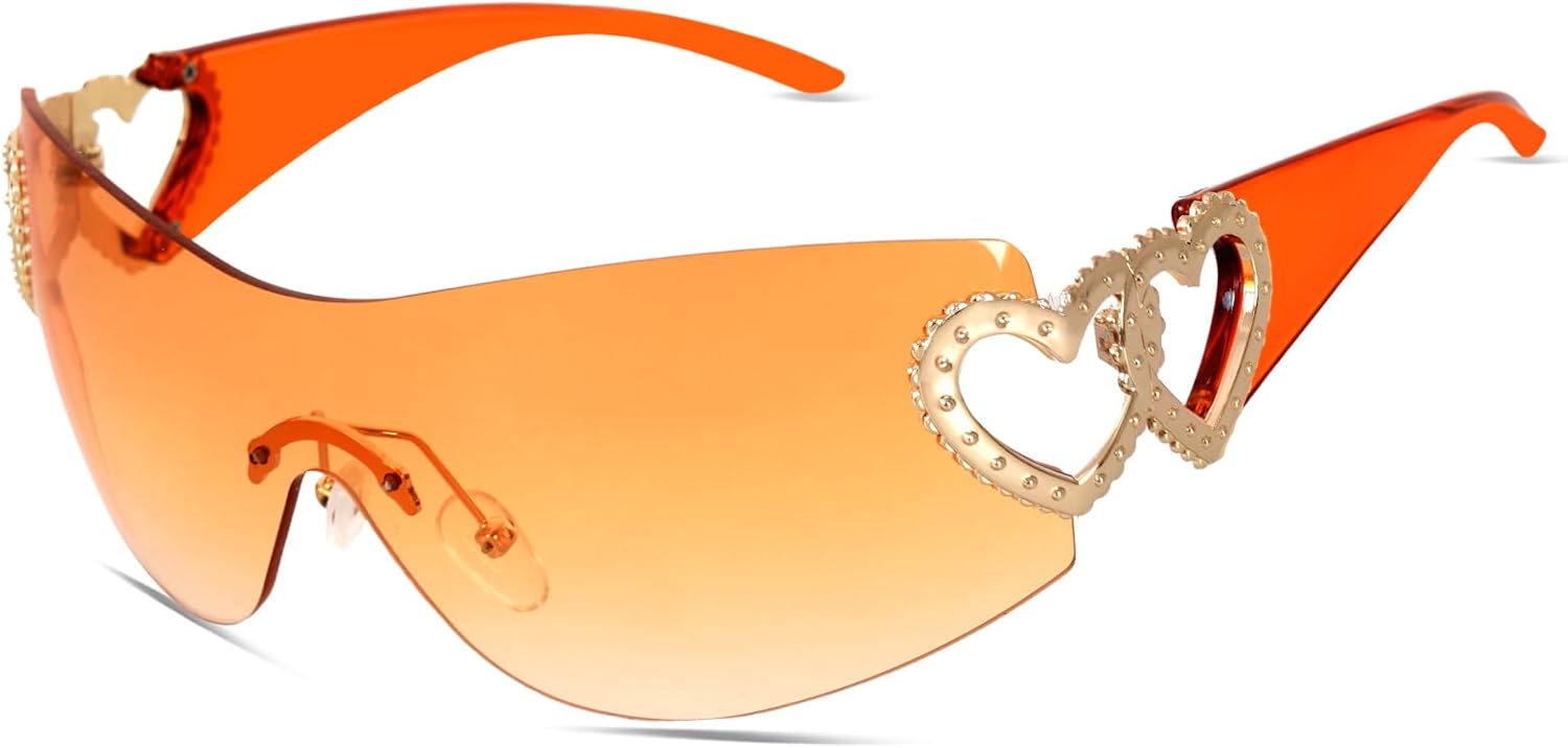 

Солнцезащитные очки Y2K с обтекаемой оправой, модные, в форме щита, с серебристым сердечком, в стиле 2000-х, без оправы, для женщин и мужчин JTYKUYR, Orange Frame/Orange Lens