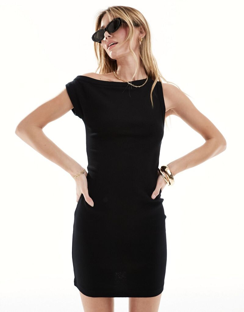 

Черное платье мини в рубчик с заниженными плечами ASOS DESIGN