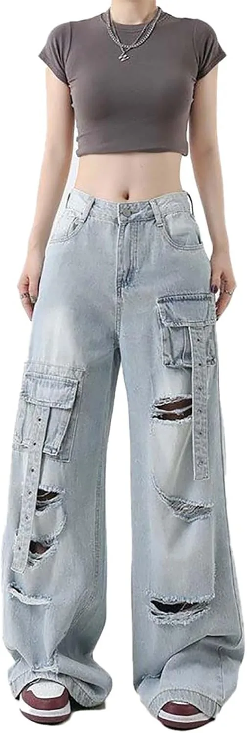 

Женские багги карго джинсы Y2K с рваными деталями и широкими штанинами jupkem