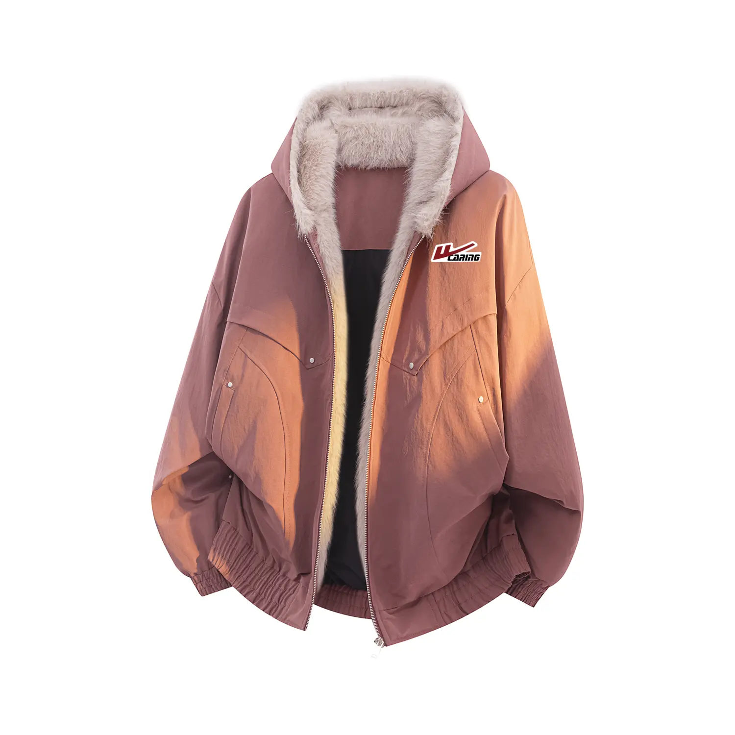 

Пуховик женский с капюшоном утепленный WARRIOR, розовый красный (diy badge)